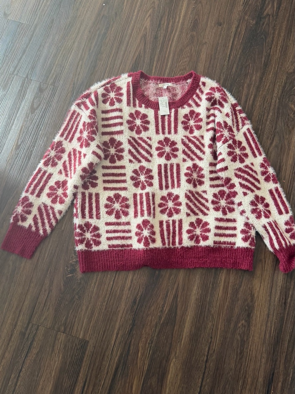 Maurices Red and Cream Geometric Floral Crewneck Sweater